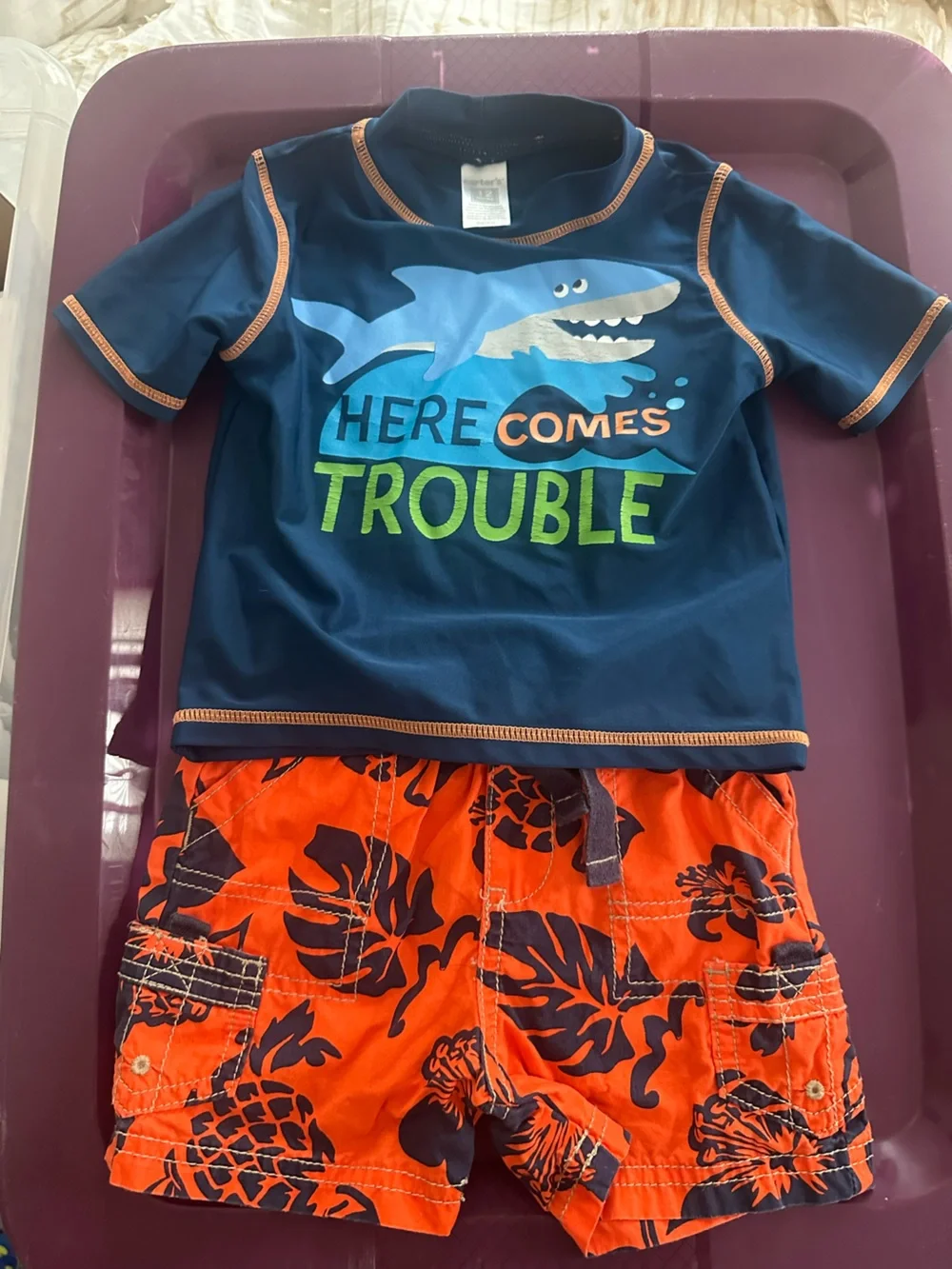 Kids Navy Blue & Orange Shark Rash Guard Swim Set
